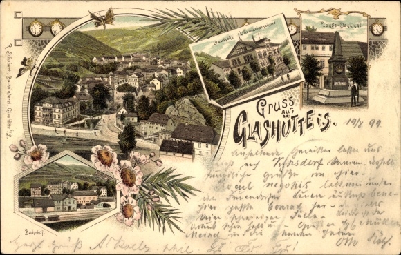 Chromo-Litho glassworks in Saxony, train station, German watchmaking school, Lange monument