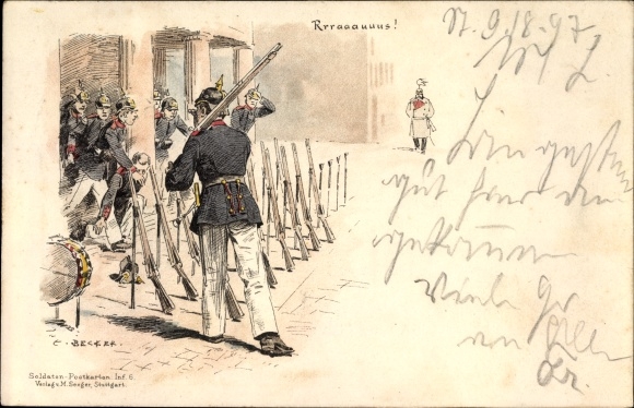 Kunstenaar Litho Becker, Carl, Raus, Duitse soldaten, geweren, marching drum