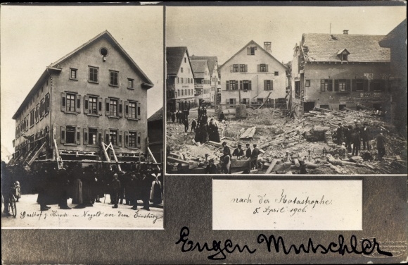 Photo Postcard Nagold in the Black Forest, Gasthof zum Hirsch, elevation and collapse in 1906, rubble