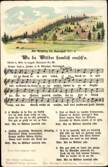 Song Postcard Günther, Anton, Wu da woods murmur hamlich, Spitzberg, dialect No. 30