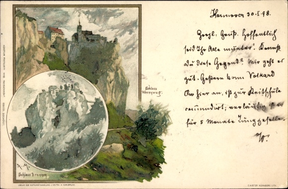 Artist Chromo-Litho mother, K., Langenbrunn Beuron in Baden Württemberg, Castle Bronnen and Werrenwag