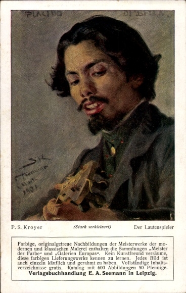 Artist Postcard Kroyer, PS, lute player, portrait, advertising publishing house EA Seemann