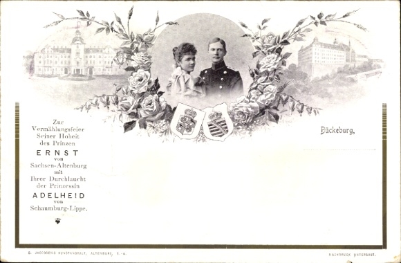 Coat of arms Postcard Ernst of Saxony Altenburg, Adelheid of Schaumburg Lippe, wedding