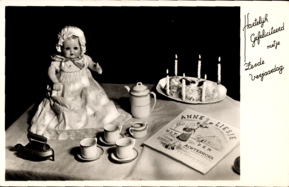 Postcard Happy Birthday, birthday table, doll, cake, doll dishes, iron, book