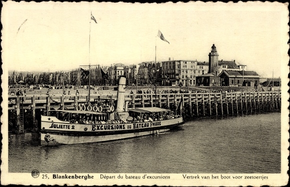 Postcard Blankenberghe Blankenberge West Flanders, excursion steamer Juliette 2, lighthouse