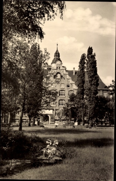 Ak Riesa an der Elbe Sachsen, Friedrich-Ebert-Platz, August-Bebel-Schule, Bäume, Wiese