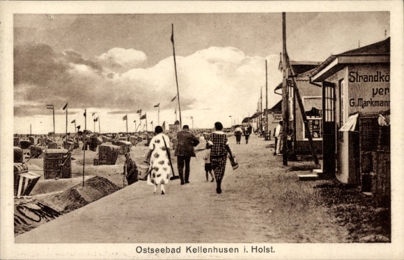 Postcard Ostseebad Kellenhusen in Holstein, beach view, walkers, beach chairs, building with S...