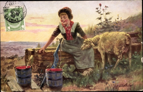 Artist PC Gerstenhauer, JG, girl in Dutch costume, sheep, fountain