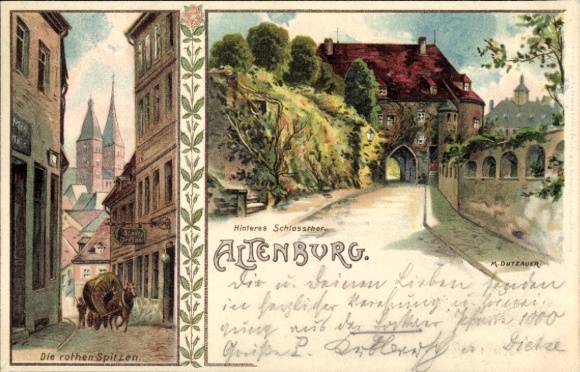 Chromo-Litho Altenburg in Thuringia, The red peaks, rear castle gate