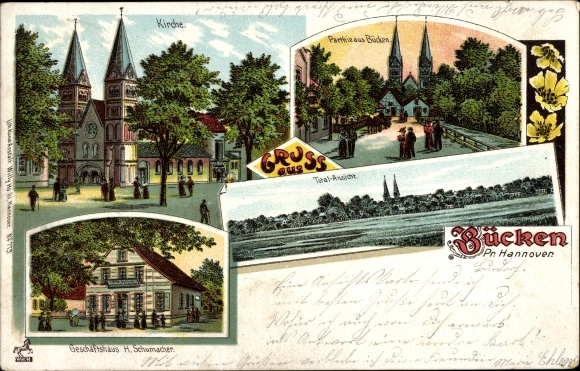 Chromo-Litho Bücken in Lower Saxony, church, commercial building, total view