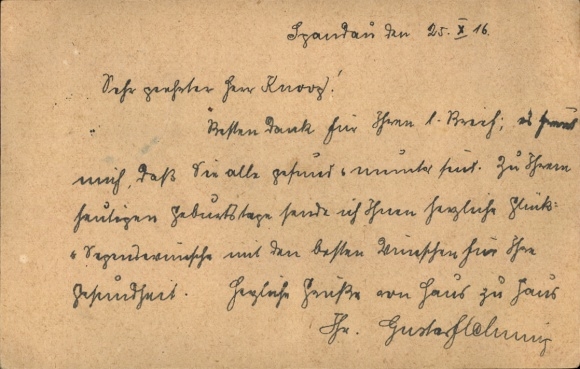 PC Berlin Spandau, to teacher L. Knoop, birthday congratulations, text on the back