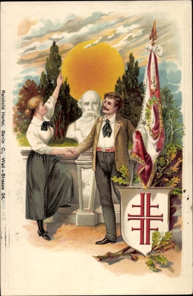 Litho Paar an Turnvater Jahn Büste, Jahnkreuz, Flagge