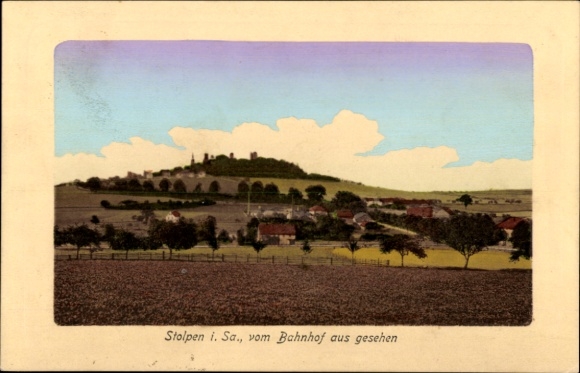 Postcard Stolpen in Saxony, view of landscape, clouds, train station