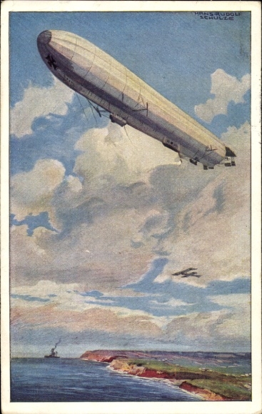 Artist Postcard Schulze, Hans Rudolf, Reichsmarine airship, watch on the German Baltic coast