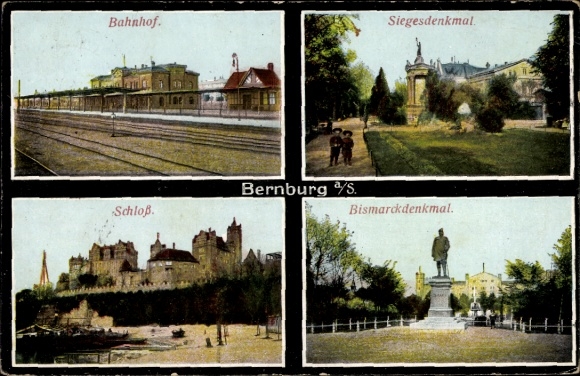 Postcard Bernburg an der Saale Salzlandkreis, train station, victory monument, castle