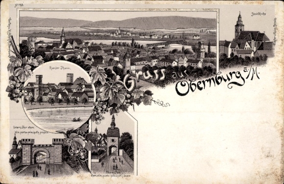 Chromo-Litho Obernburg am Main Lower Franconia, general view, town church, round tower, gate