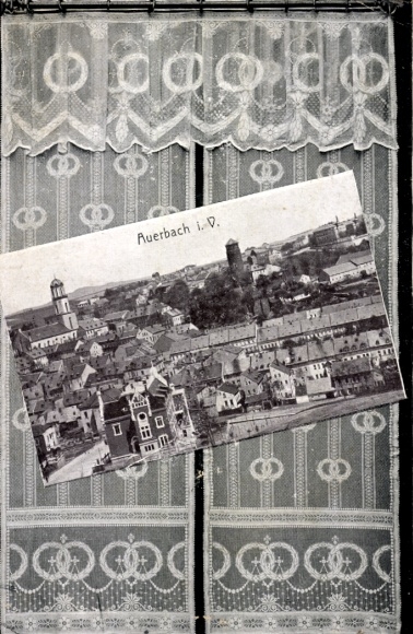 Postcard Auerbach im Vogtland, landscape photograph, window with curtain