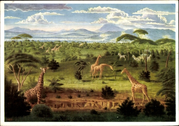 Artist Postcard Peiner, Werner, African wild steppe, giraffes