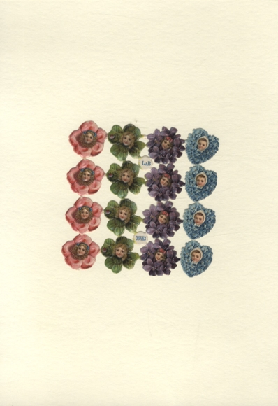 Oblate complete block L&B 30443, children's faces in flowers and clover leaves, approx. 11 x 11 cm