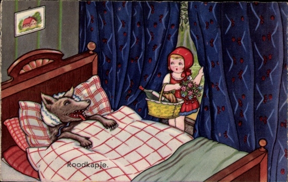 Kunstenaarskaart Boriss, Margret, Roodkapje, Roodkapje, Wolf in grootmoeders bed