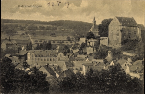 Postcard Katzenelnbogen in the Rhein Lahn district, partial view of the town, castle