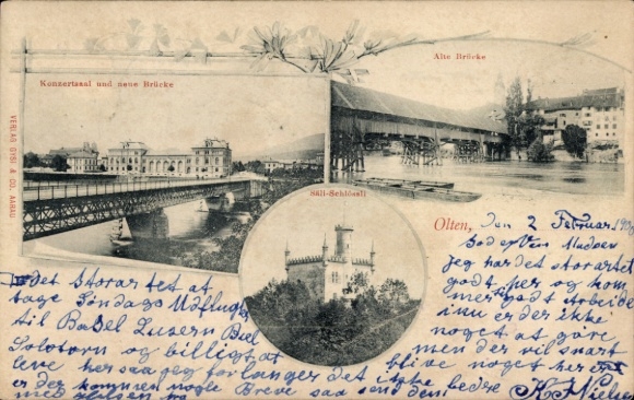 Postcard Olten Canton Solothurn, Bridge, Concert Hall, Castle