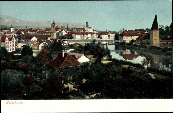 Postcard Solothurn city Switzerland, city view of river, buildings, trees, hills in the background