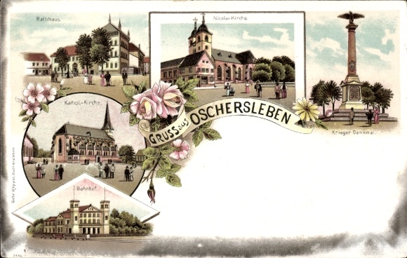 Litho Oschersleben an der Bode, Rathaus, katholische Kirche, Bahnhof, Nikolai Kirche