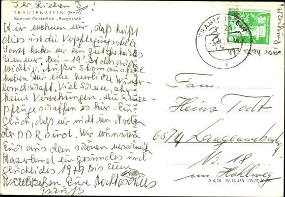 Postcard Trautenstein Oberharz am Brocken, consumer restaurant Bergeshöh