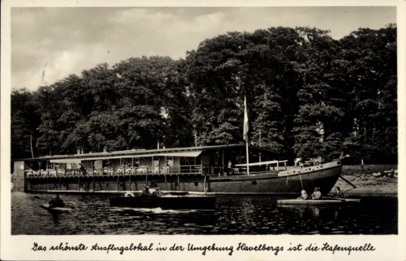 Postcard Mühlenholz Havelberg in Saxony Anhalt, excursion restaurant Hafenquelle, motorboat