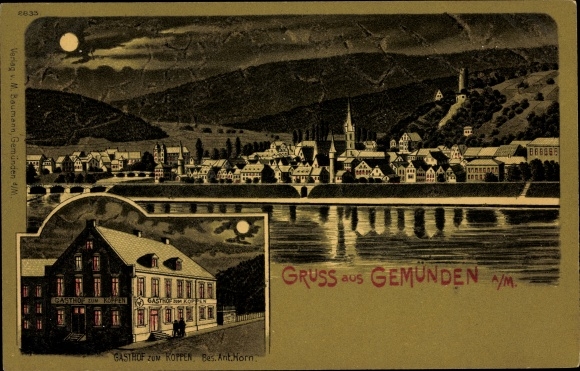 Moonlight Chromo-Litho Gemünden am Main Lower Franconia, general view, Gasthof zum Koppen