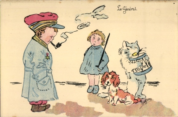 Künstler Ak Le Général, Kinder spielen Krieg, Junge in Uniform, Pfeife, Tiere