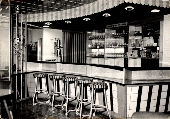 Postcard Berlin Friedrichshain, interior view of a bar, wooden shelf, stools, glasses