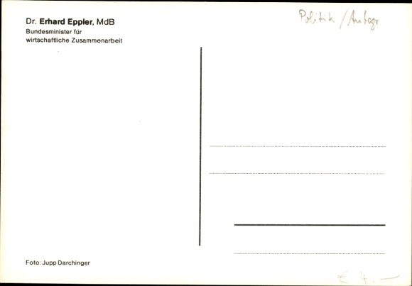 Postcard Dr. Erhard Eppler, Federal Minister for Economic Cooperation, autograph