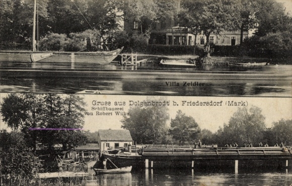 Postcard Dolgenbrodt in der Mark, Villa Zeidler, shipbuilding workshop of Robert Wilke
