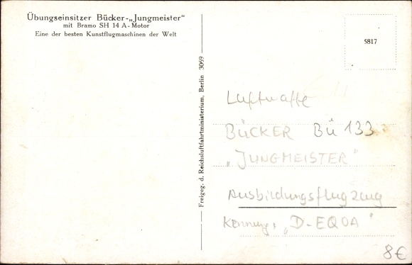 Postcard German Air Force, Bücker Bü 133 Jungmeister exercise single seater, D-EQOA