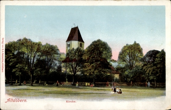 Postcard Altdöbern in Lower Lusatia, church tower, trees, meadow, people, colored illustration