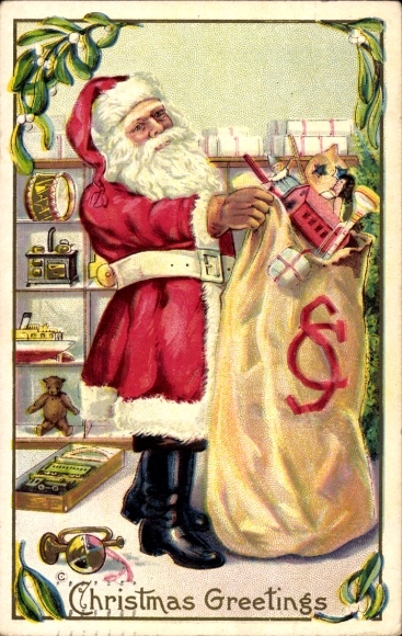 In reliëf gemaakte Ak Gefeliciteerd Kerstmis, Kerstman met cadeauzakje, speelgoedplank, maretak