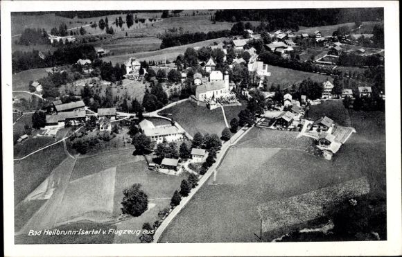 Postcard Bad Heilbrunn in Upper Bavaria, aerial view of Isar valley, landscape, buildings