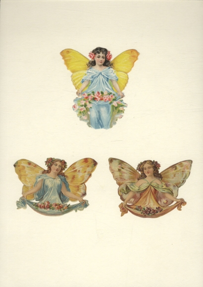 3 Oblaten Elfen-Mädchen mit Schmetterlingsflügeln,  ca. 8,5 x 8 cm u. 6 x 8,5 cm