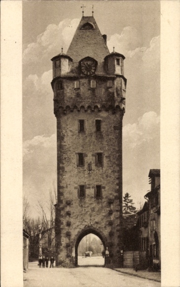 Postcard Miltenberg am Main Lower Franconia, Würzburg Gate, r tower, cloudy sky, street, people