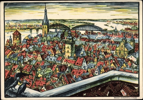 Kunstenaarskaart Merkendell, Hanns, Düsseldorf am Rhein, Gesolei 1926, oude stad uit het huis van Wilhelm Marx