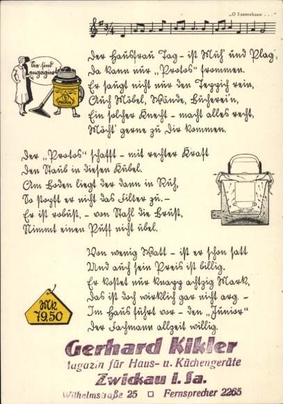 KP Zwickau, magazyn AGD i AGD Gerhard Kikler, Protos Staubsauer, teksty piosenek, reklama