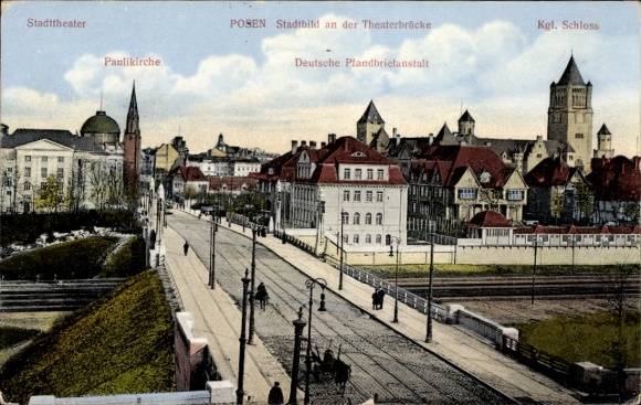 Ak Poznań Posen, Stadttheater, Paulikirche, Theaterbrücke, Schloss, Deutsche Pfandbriefanstalt