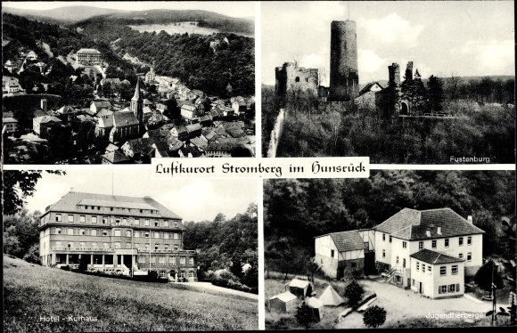 Postcard Stromberg im Hunsrück, view of the town, hotel, spa, Fustenburg, youth hostel
