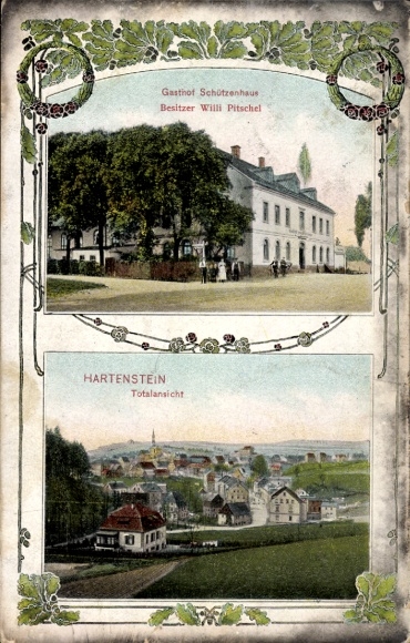 Postcard Hartenstein in the Ore Mountains Saxony, general view, Gasthof Schützenhaus