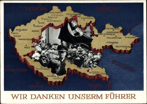Postal stationery Postcard We thank our leader, Sudetenland, Bohemia, Moravia, Hitler