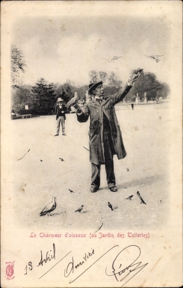 Postcard Paris I Louvre, Tuileries Garden, The Bird Charmer, The Pigeons Banquet