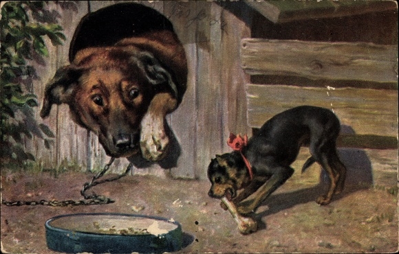 Artist Postcard dog in kennel, small dog with bone