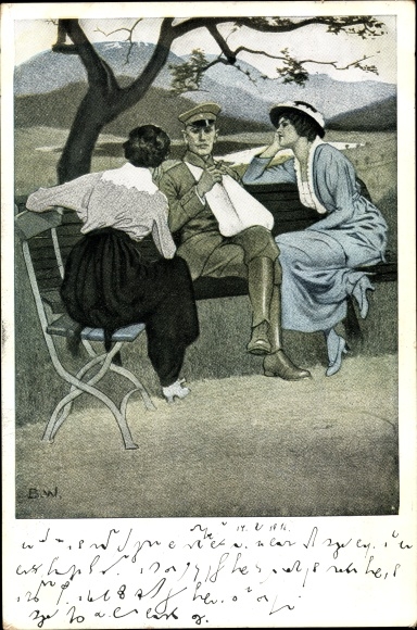 Artist PC Wennerberg, Bruno, at home, two women and a man, soldier